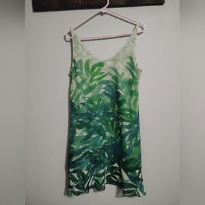 Green Tropical Leaf Print Summer Dress Medium